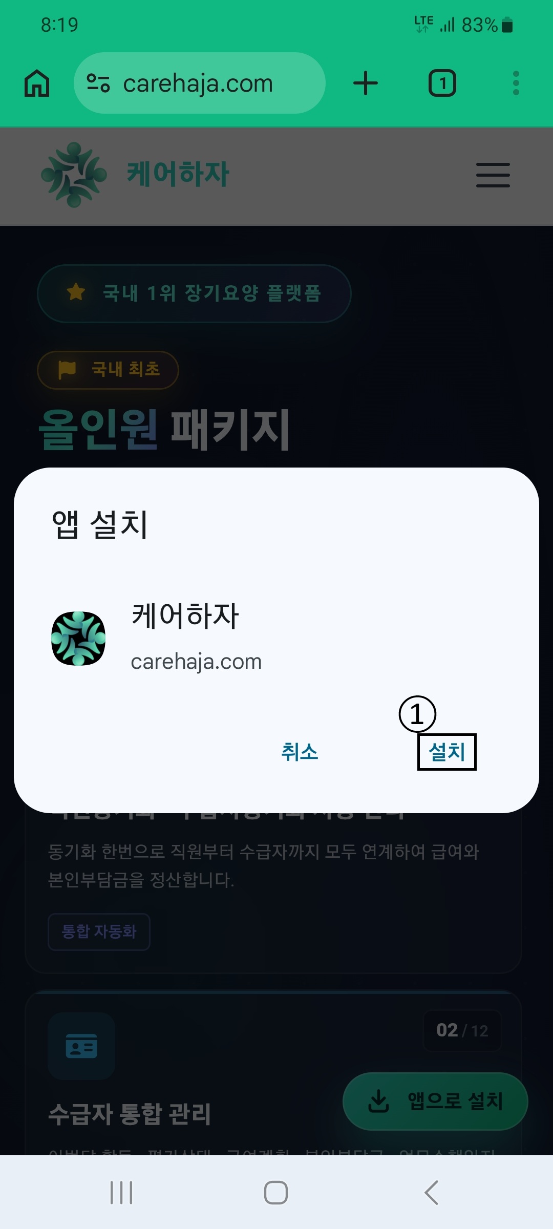 설치 버튼 탭